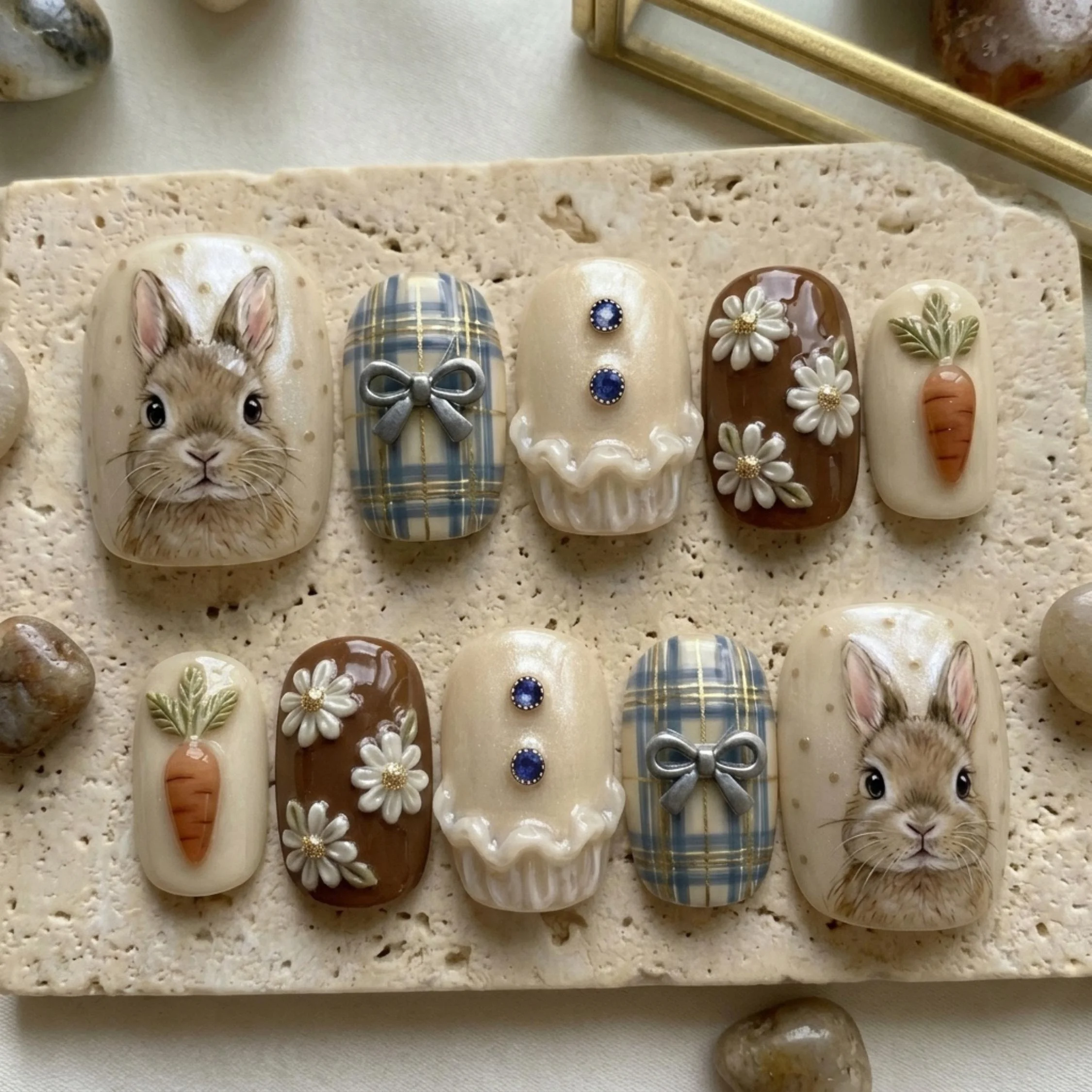 3D Daisy, Carrot Cottagecore, press on nails, custom press on nails, fake nails, Nails Art, stained glass nails, gold press on nails, 3d press on nails, luxury press on nails, handmade press on nails