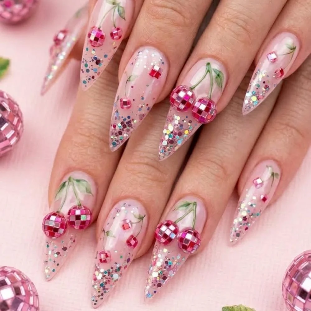3D Disco Nails, Cherry Press On, press on nails, custom press on nails, fake nails, Nails Art, stained glass nails, gold press on nails, 3d press on nails, luxury press on nails, handmade press on nails