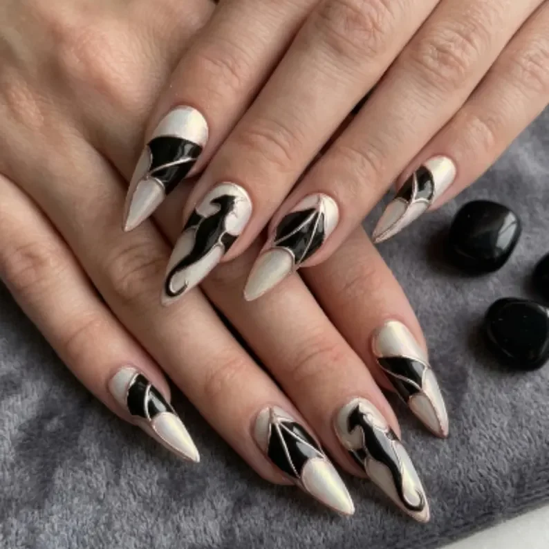Black Fantasy Nails, Fantasy Nail Art, press on nails, custom press on nails, fake nails, Nails Art, stained glass nails, gold press on nails, 3d press on nails, luxury press on nails, handmade press on nails