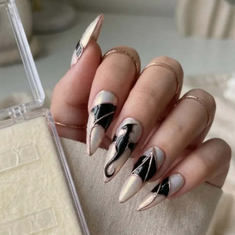 Iridescent Nails, Pearl Nail Design, press on nails, custom press on nails, fake nails, Nails Art, stained glass nails, gold press on nails, 3d press on nails, luxury press on nails, handmade press on nails