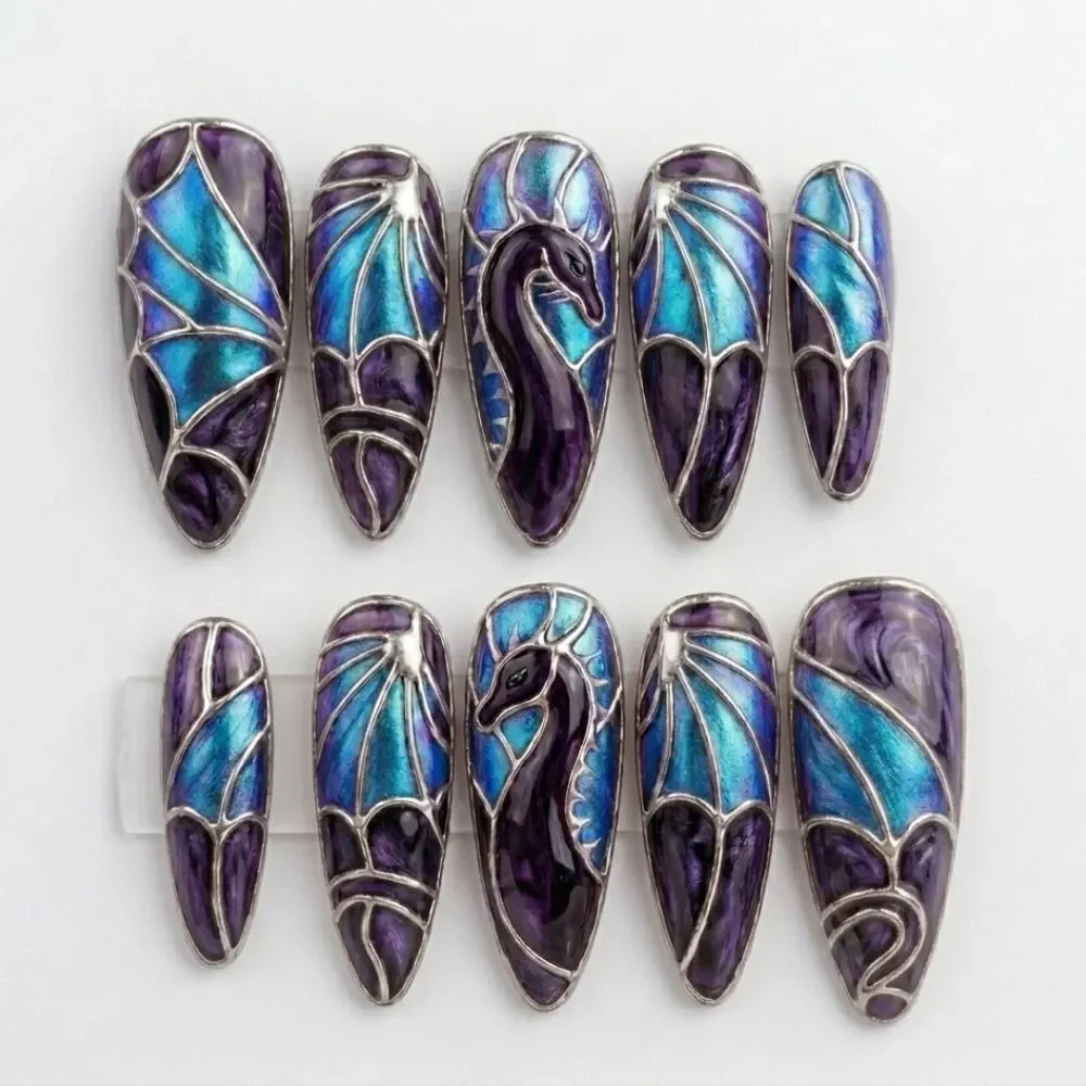 3D Dragon Nails, Stained Glass Nails, press on nails, custom press on nails, fake nails, Nails Art, stained glass nails, gold press on nails, 3d press on nails, luxury press on nails, handmade press on nails