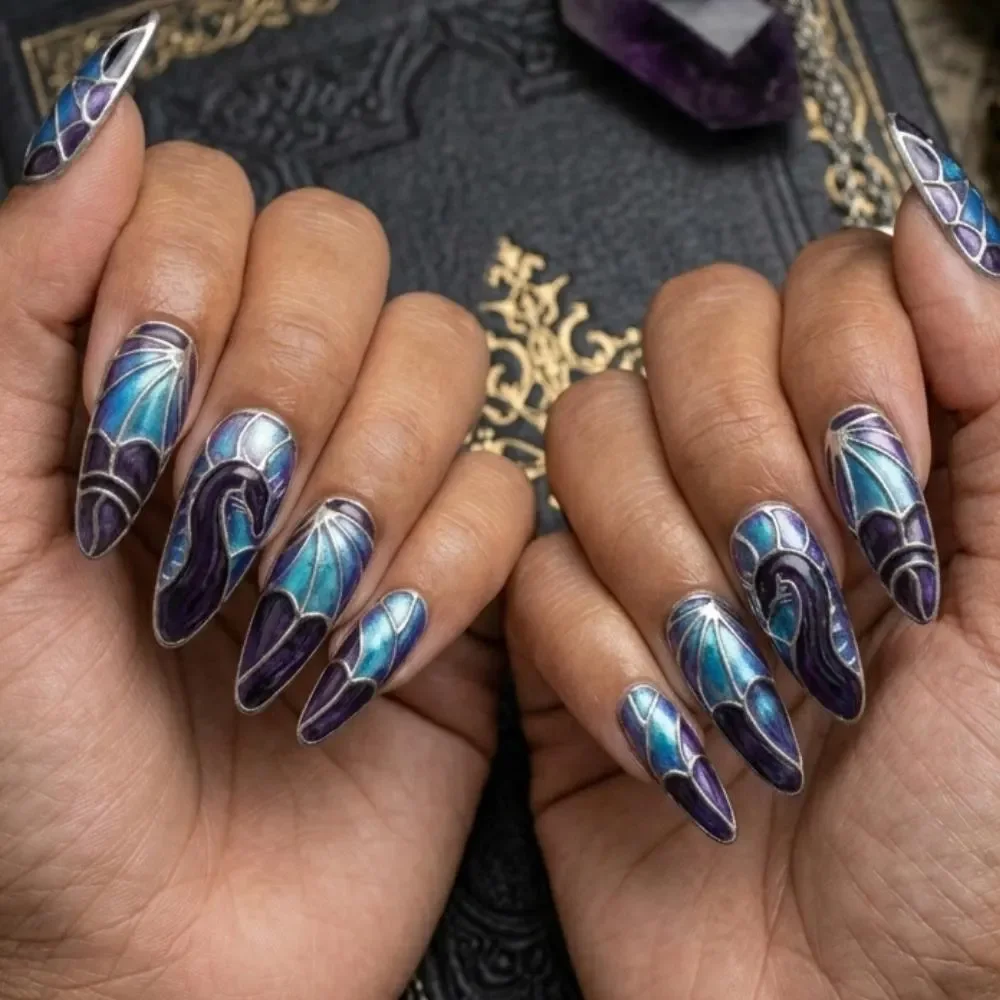 Blue Cloisonné, Fantasy Art Nails, press on nails, custom press on nails, fake nails, Nails Art, stained glass nails, gold press on nails, 3d press on nails, luxury press on nails, handmade press on nails