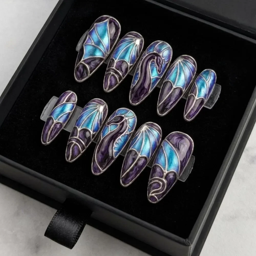 Cloisonné Design, Dragon Nail Art, press on nails, custom press on nails, fake nails, Nails Art, stained glass nails, gold press on nails, 3d press on nails, luxury press on nails, handmade press on nails