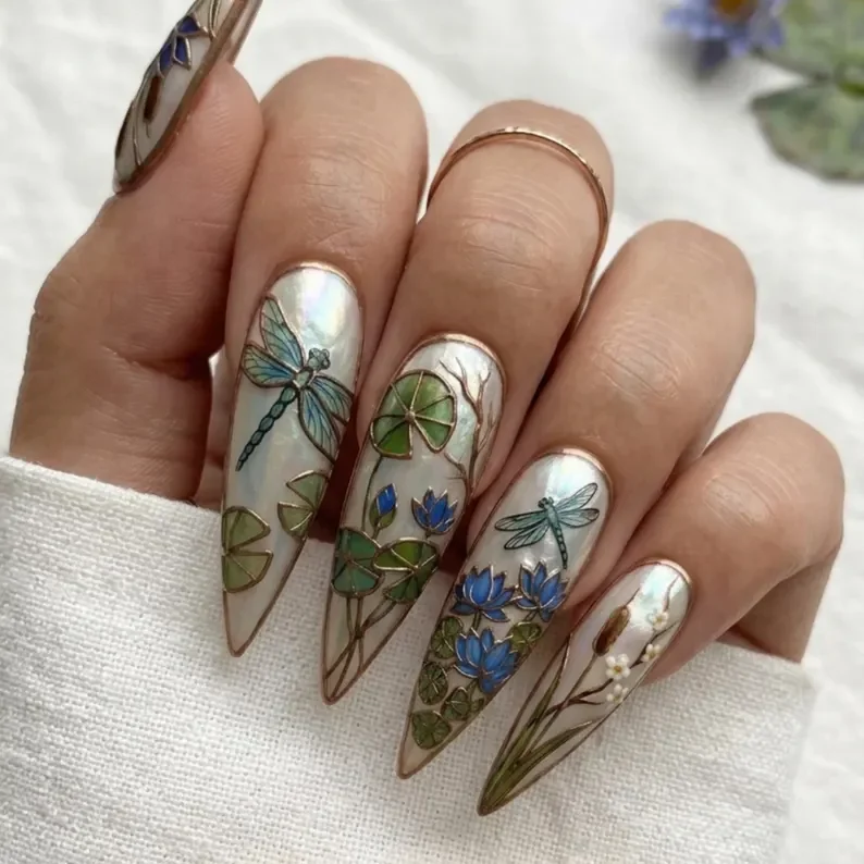3D dragonfly nails, lotus stained glass, press on nails, custom press on nails, fake nails, Nails Art, stained glass nails, gold press on nails, 3d press on nails, luxury press on nails, handmade press on nails