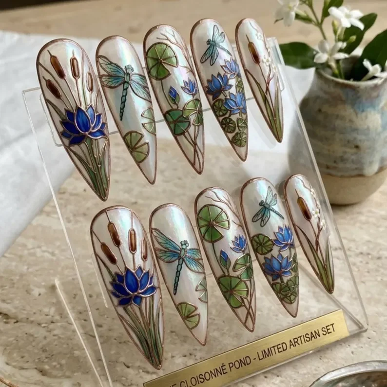 3D dragonfly nails, lotus stained glass, press on nails, custom press on nails, fake nails, Nails Art, stained glass nails, gold press on nails, 3d press on nails, luxury press on nails, handmade press on nails