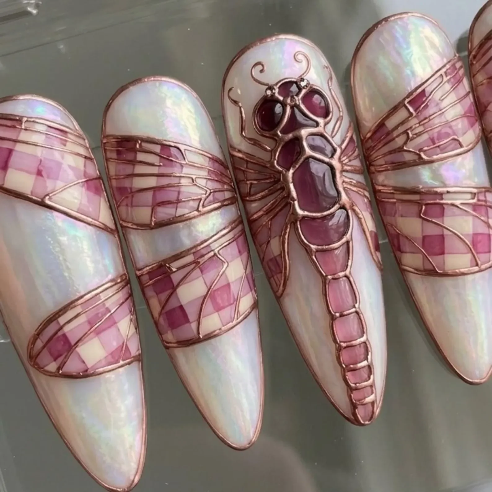 3D Dragonfly Press On, Iridescent Rose Gold, press on nails, custom press on nails, fake nails, Nails Art, stained glass nails, gold press on nails, 3d press on nails, luxury press on nails, handmade press on nails