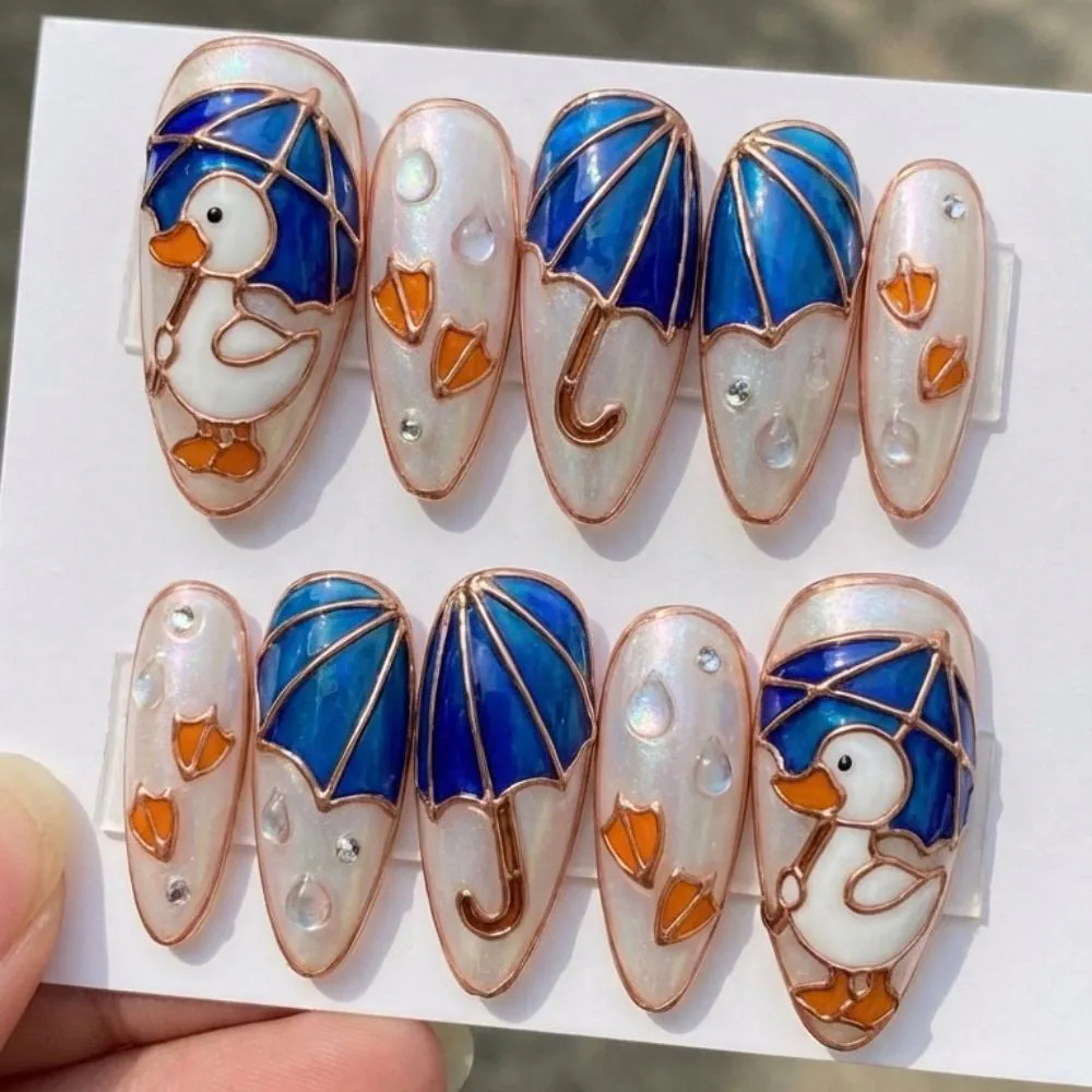 3D duck umbrella, press on nails, custom press on nails, fake nails, Nails Art, stained glass nails, gold press on nails, 3d press on nails, luxury press on nails, handmade press on nails