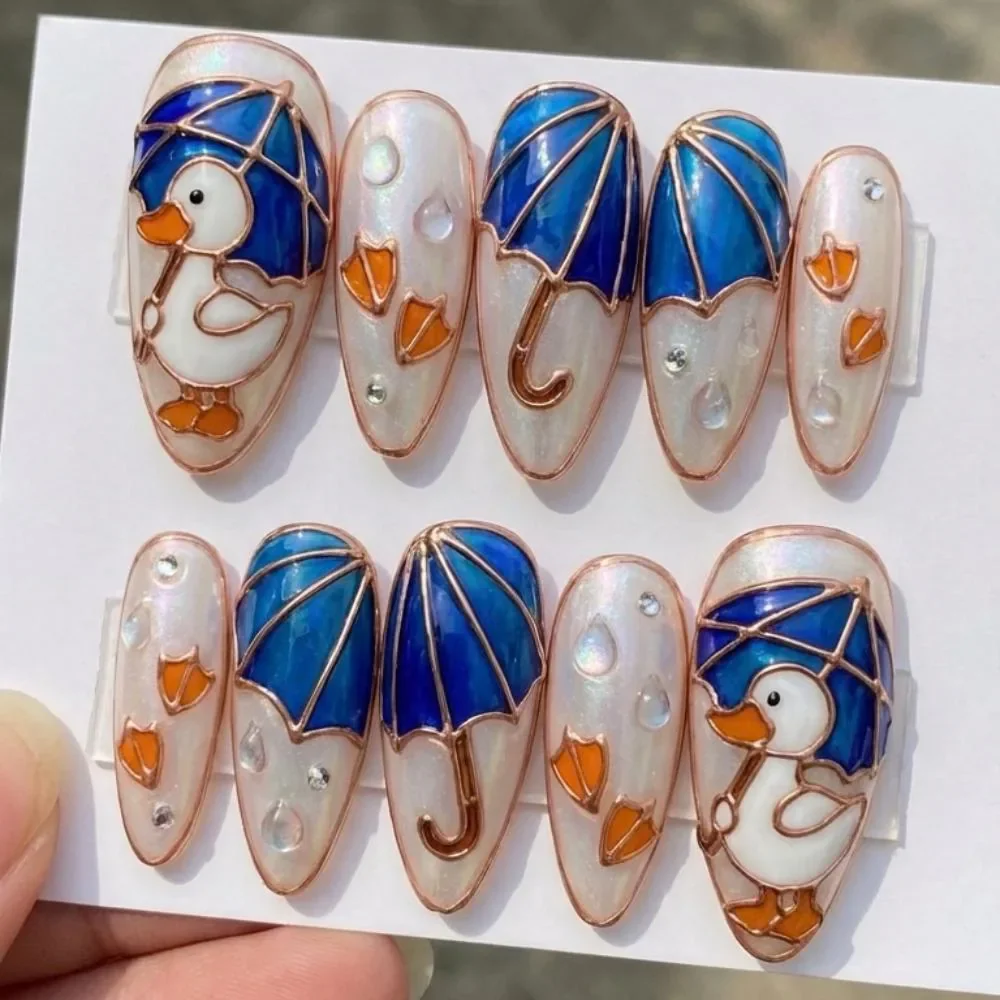 3D duck umbrella, press on nails, custom press on nails, fake nails, Nails Art, stained glass nails, gold press on nails, 3d press on nails, luxury press on nails, handmade press on nails
