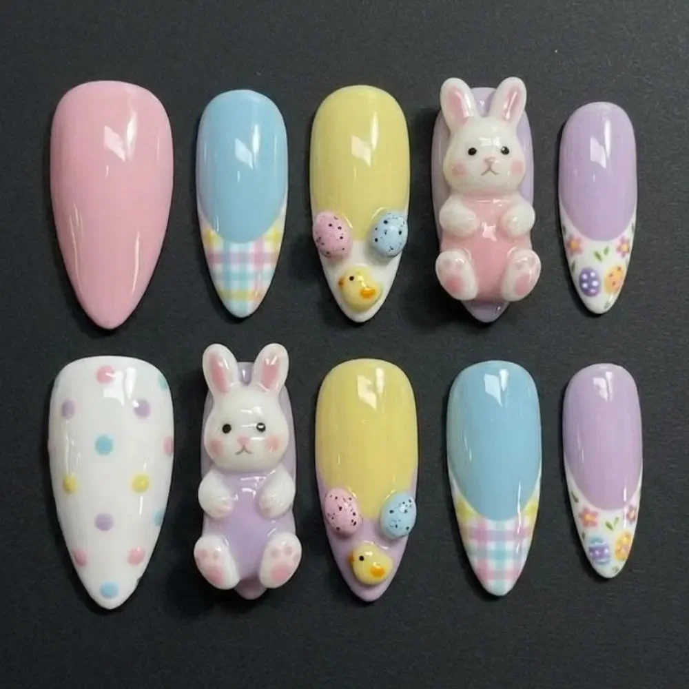 3D Easter Bunny, Press On Nails, press on nails, custom press on nails, fake nails, Nails Art, stained glass nails, gold press on nails, 3d press on nails, luxury press on nails, handmade press on nails