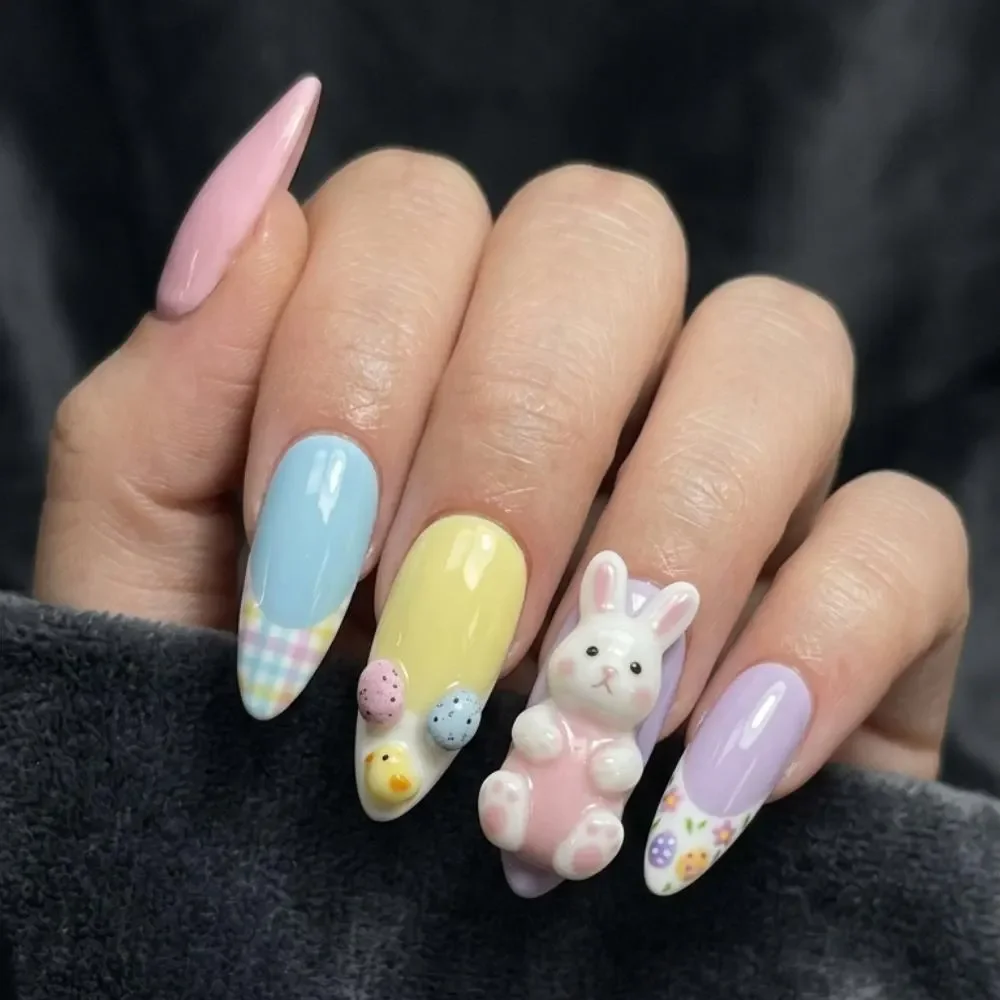 Pastel Gingham, Almond Fake Nails, press on nails, custom press on nails, fake nails, Nails Art, stained glass nails, gold press on nails, 3d press on nails, luxury press on nails, handmade press on nails
