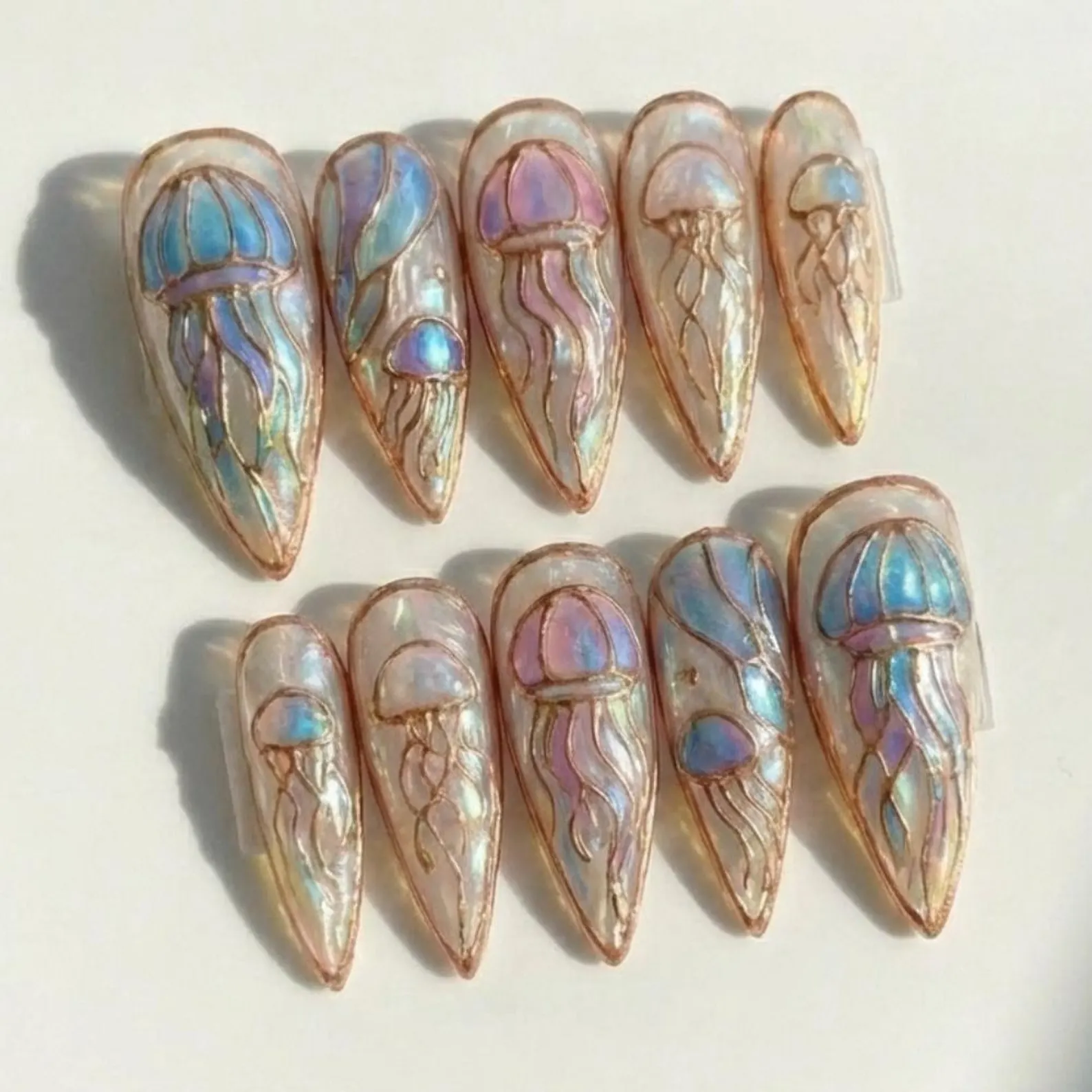 3D jellyfish nails, iridescent gel set, press on nails, custom press on nails, fake nails, Nails Art, stained glass nails, gold press on nails, 3d press on nails, luxury press on nails, handmade press on nails
