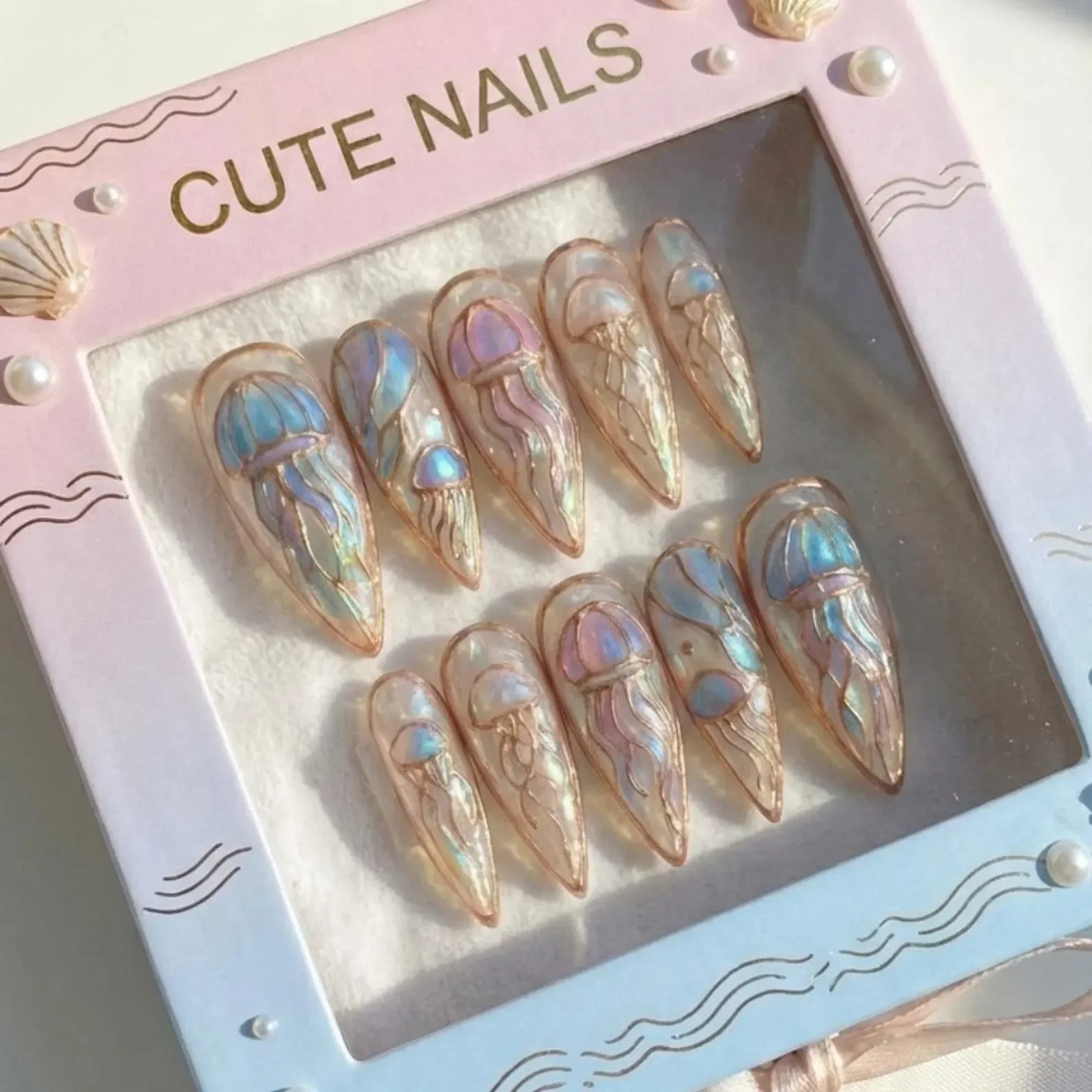 mermaidcore nails, press on nails, custom press on nails, fake nails, Nails Art, stained glass nails, gold press on nails, 3d press on nails, luxury press on nails, handmade press on nails