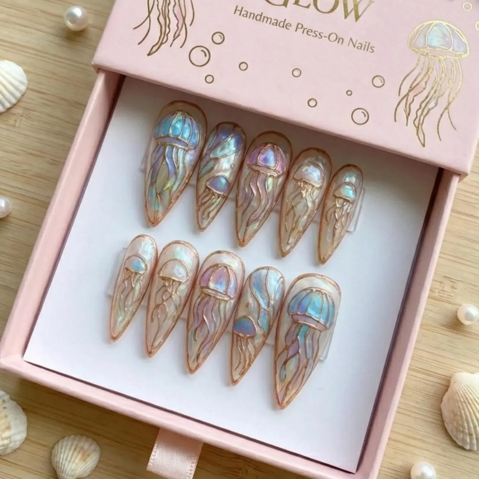 ethereal manicure, holographic nail art, press on nails, custom press on nails, fake nails, Nails Art, stained glass nails, gold press on nails, 3d press on nails, luxury press on nails, handmade press on nails