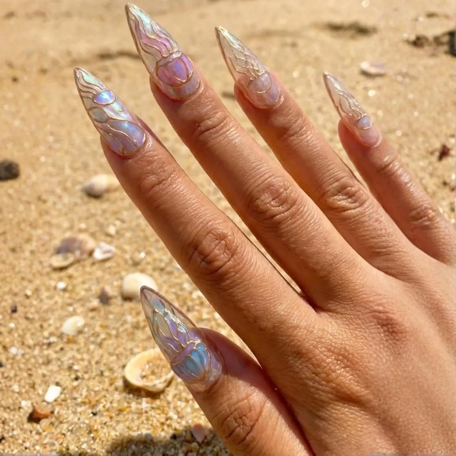 ocean themed nails, mermaid gel polish, press on nails, custom press on nails, fake nails, Nails Art, stained glass nails, gold press on nails, 3d press on nails, luxury press on nails, handmade press on nails