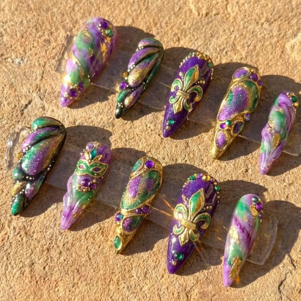 3D Stiletto Nails, Mardi Gras Stiletto, press on nails, custom press on nails, fake nails, Nails Art, stained glass nails, gold press on nails, 3d press on nails, luxury press on nails, handmade press on nails