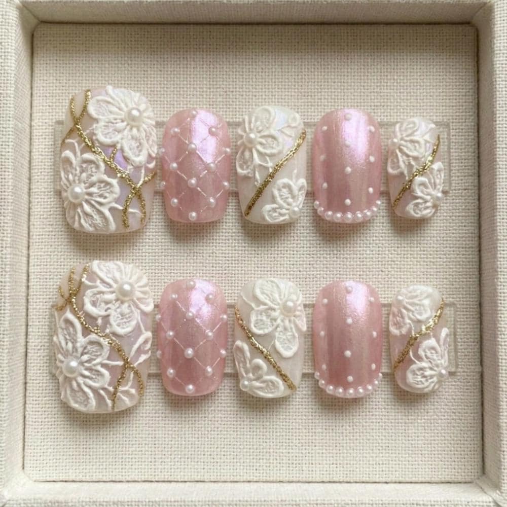 3D Floral Lace, Pearl Press On, press on nails, custom press on nails, fake nails, Nails Art, stained glass nails, gold press on nails, 3d press on nails, luxury press on nails, handmade press on nails
