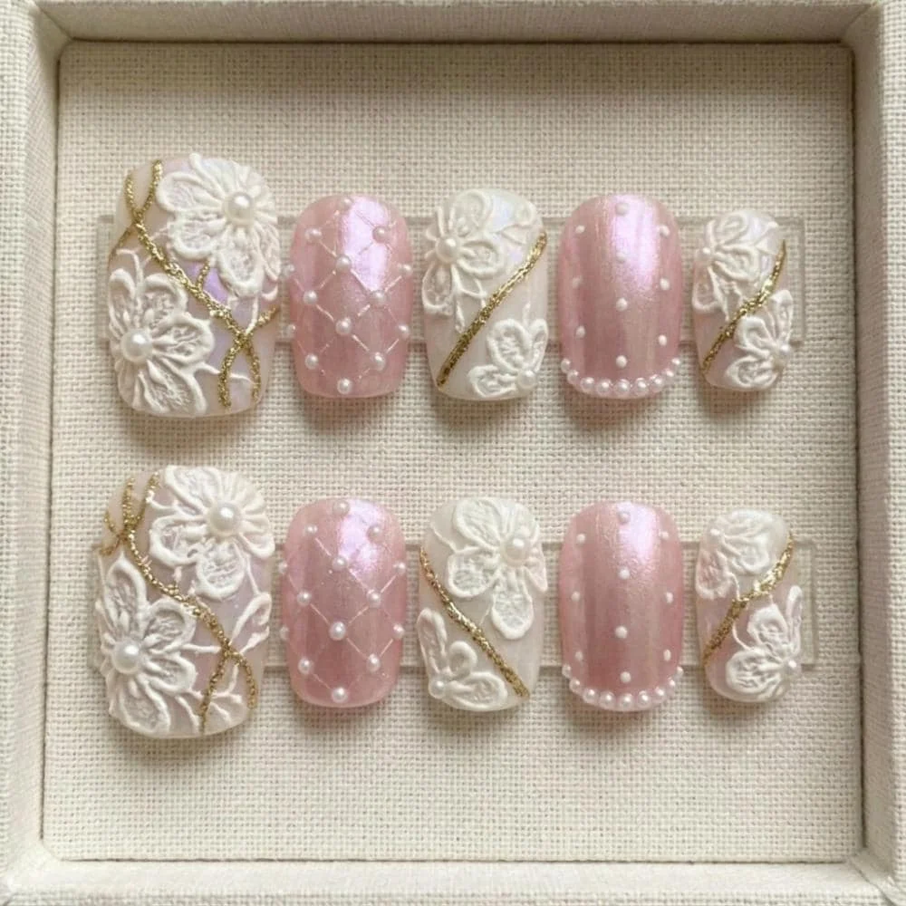 3D Floral Lace, Pearl Press On, press on nails, custom press on nails, fake nails, Nails Art, stained glass nails, gold press on nails, 3d press on nails, luxury press on nails, handmade press on nails