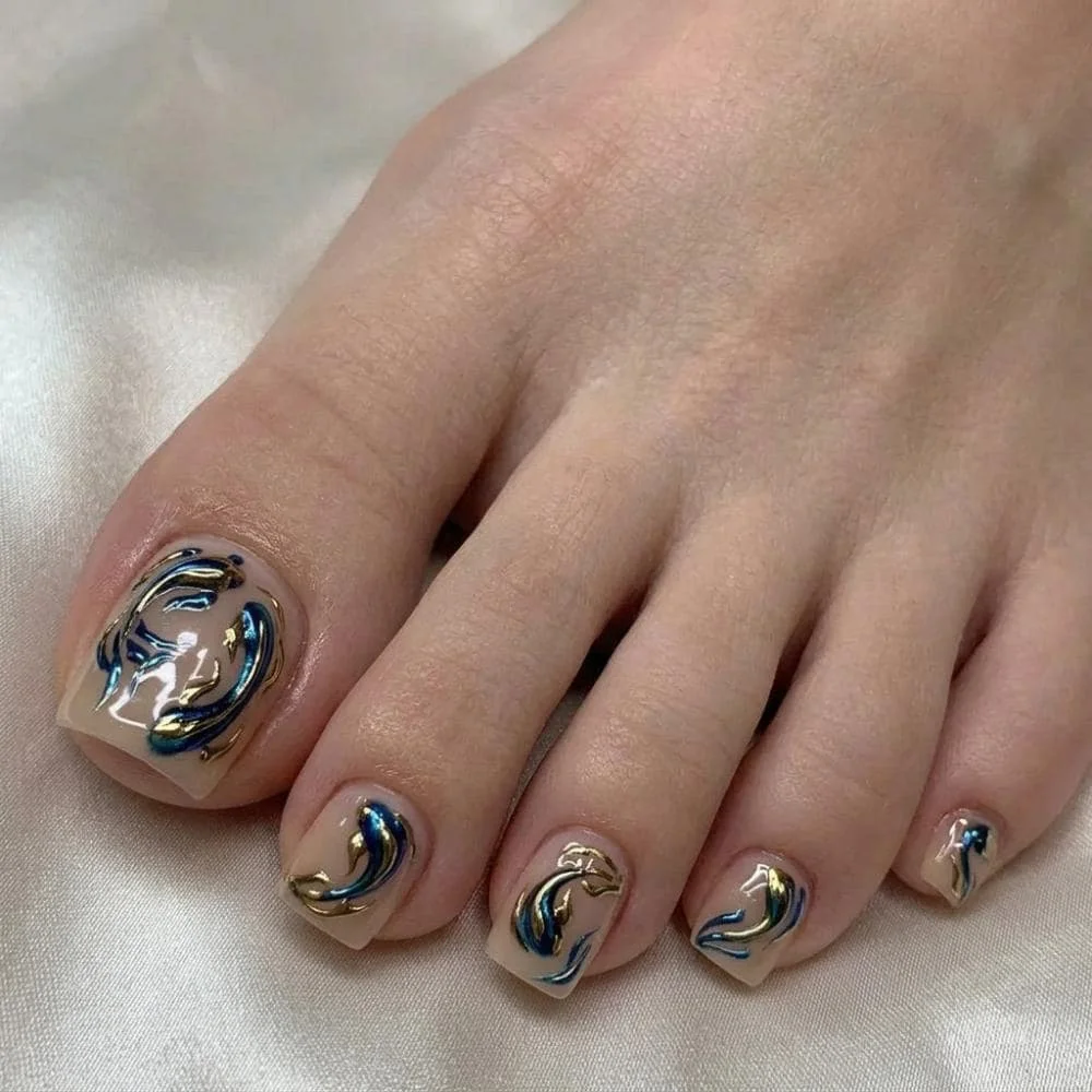 3D Floral Toes, Metallic Gold Press, press on nails, custom press on nails, fake nails, Nails Art, stained glass nails, gold press on nails, 3d press on nails, luxury press on nails, handmade press on nails