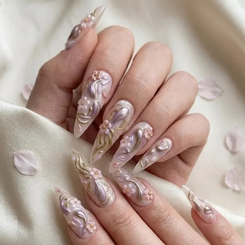 press on nails, lavender nails, custom press on nails, fake nails, Nails Art, stained glass nails, gold press on nails, 3d press on nails, luxury press on nails, handmade press on nails