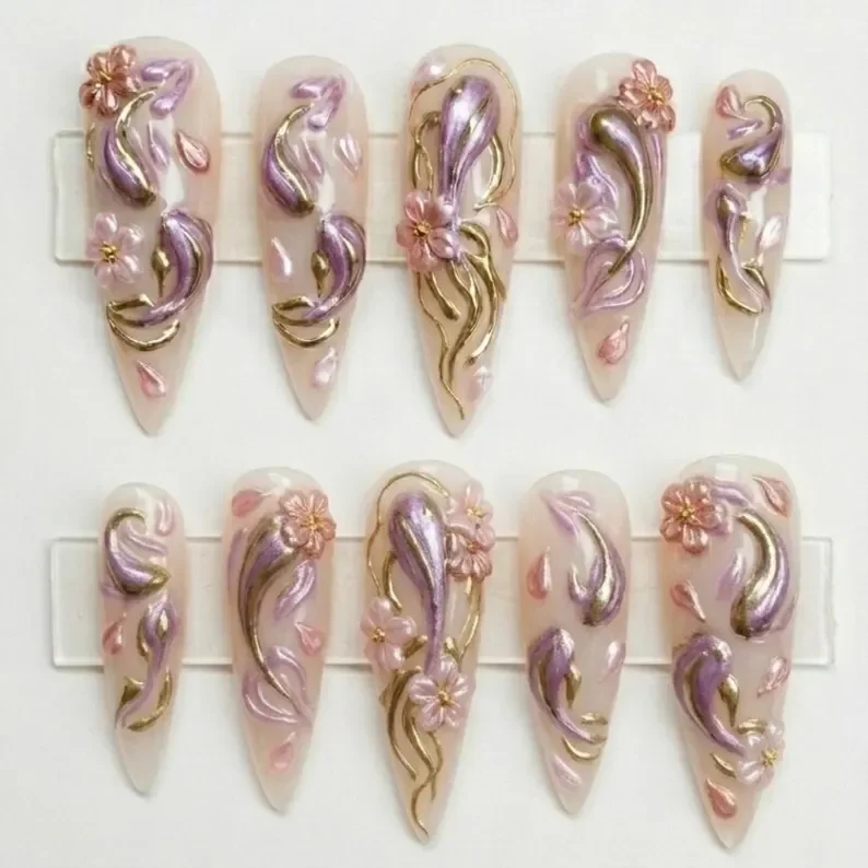 ethereal stiletto, stiletto press ons, press on nails, custom press on nails, fake nails, Nails Art, stained glass nails, gold press on nails, 3d press on nails, luxury press on nails, handmade press on nails