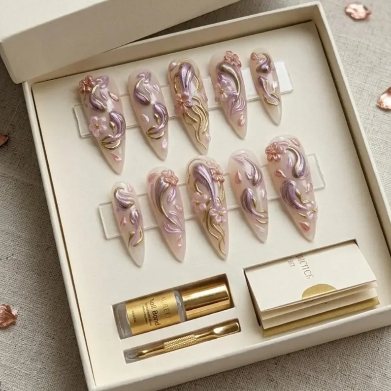 gold foil nails, floral stiletto nails, press on nails, custom press on nails, fake nails, Nails Art, stained glass nails, gold press on nails, 3d press on nails, luxury press on nails, handmade press on nails