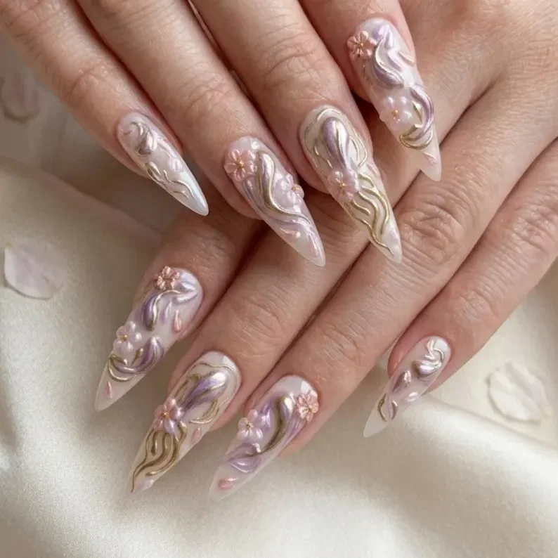 lavender stiletto nails, 3D floral nails, press on nails, custom press on nails, fake nails, Nails Art, stained glass nails, gold press on nails, 3d press on nails, luxury press on nails, handmade press on nails