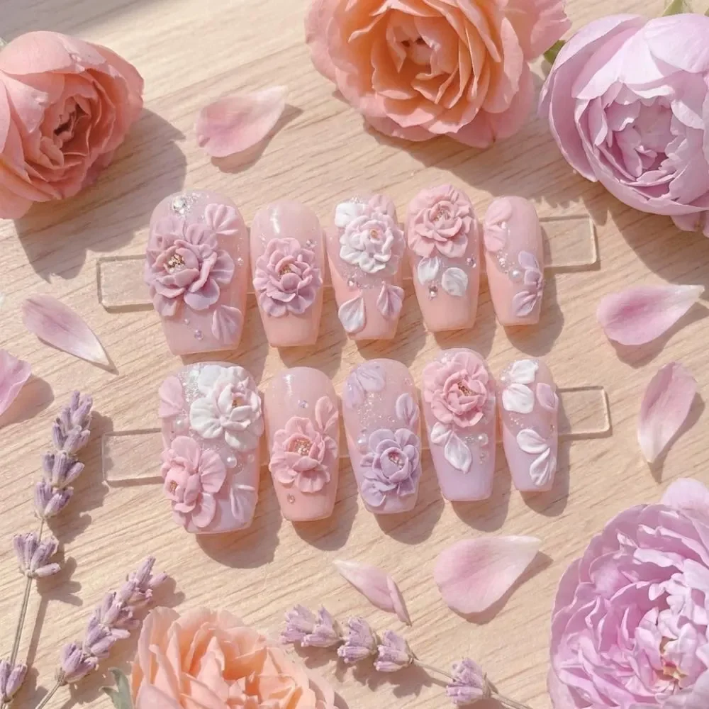 3D Floral Press On, Hand Sculpted Nails, press on nails, custom press on nails, fake nails, Nails Art, stained glass nails, gold press on nails, 3d press on nails, luxury press on nails, handmade press on nails