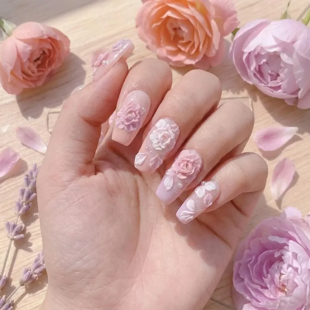 Rose Garden Art, Bridal Wedding Nails, press on nails, custom press on nails, fake nails, Nails Art, stained glass nails, gold press on nails, 3d press on nails, luxury press on nails, handmade press on nails