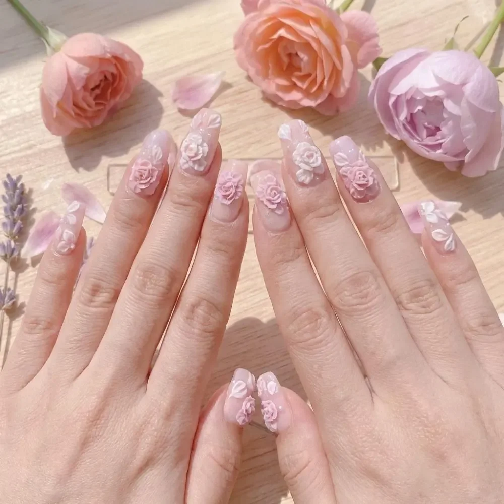 Rose Garden Design, 3D Floral Nails, press on nails, custom press on nails, fake nails, Nails Art, stained glass nails, gold press on nails, 3d press on nails, luxury press on nails, handmade press on nails