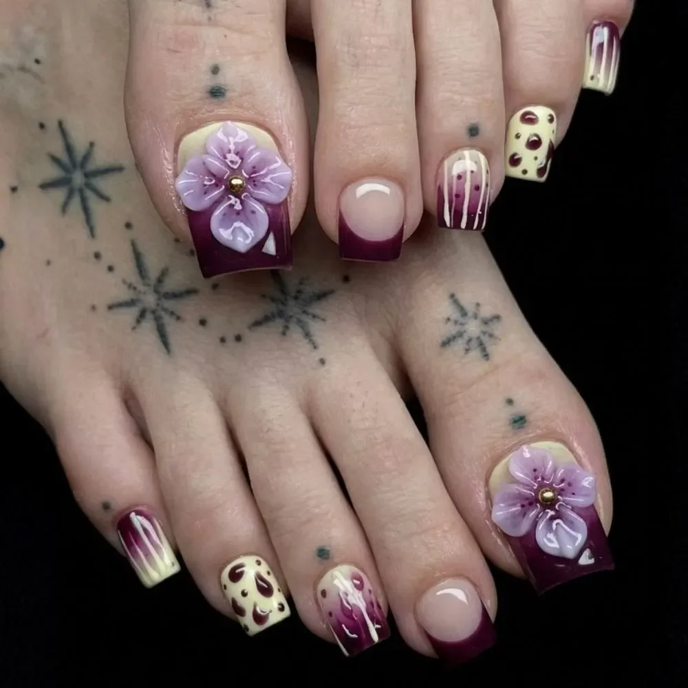 3D floral press on, dark purple french tip, press on nails, custom press on nails, fake nails, Nails Art, stained glass nails, gold press on nails, 3d press on nails, luxury press on nails, handmade press on nails