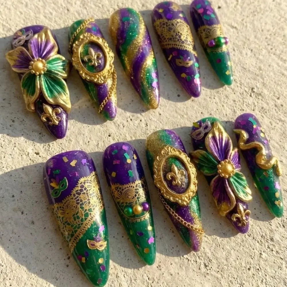 3D Flower Nails, Mardi Gras Press, press on nails, custom press on nails, fake nails, Nails Art, stained glass nails, gold press on nails, 3d press on nails, luxury press on nails, handmade press on nails
