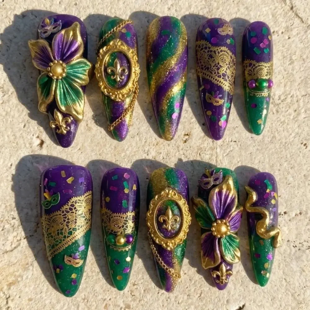Fleur De Lis, Stiletto Press Ons, press on nails, custom press on nails, fake nails, Nails Art, stained glass nails, gold press on nails, 3d press on nails, luxury press on nails, handmade press on nails