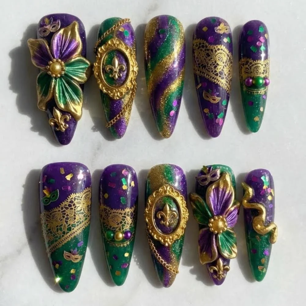 Press On Stiletto, 3D Floral Nails, press on nails, custom press on nails, fake nails, Nails Art, stained glass nails, gold press on nails, 3d press on nails, luxury press on nails, handmade press on nails