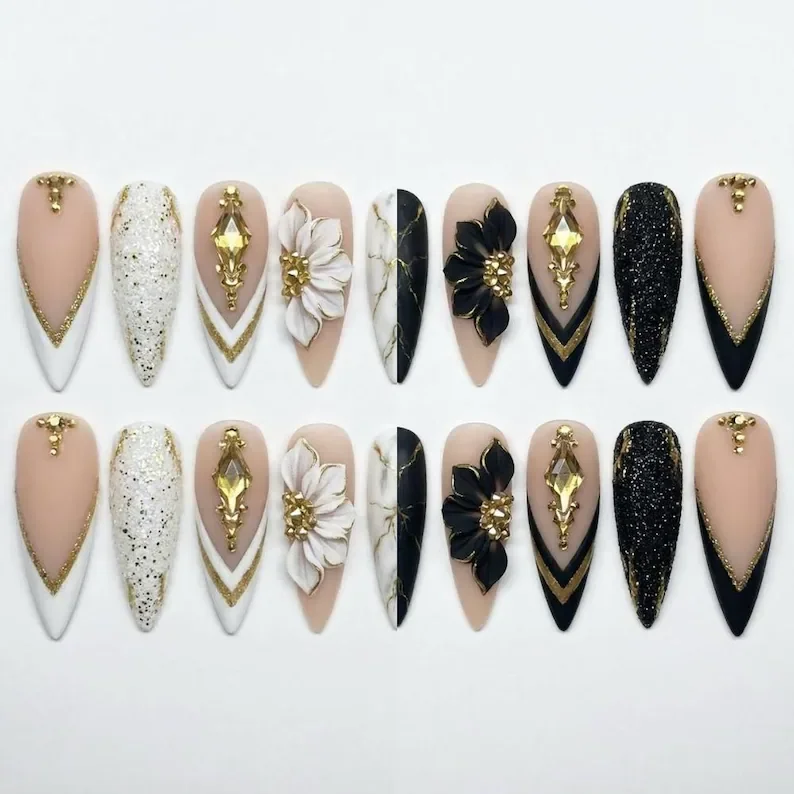 3D flower press on nails, gold rhinestone nails, press on nails, custom press on nails, fake nails, Nails Art, stained glass nails, gold press on nails, 3d press on nails, luxury press on nails, handmade press on nails