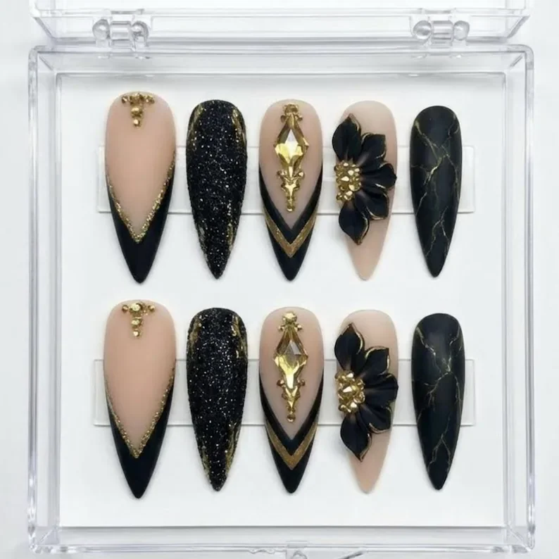 rhinestone accent nails, 3D floral nails, press on nails, custom press on nails, fake nails, Nails Art, stained glass nails, gold press on nails, 3d press on nails, luxury press on nails, handmade press on nails