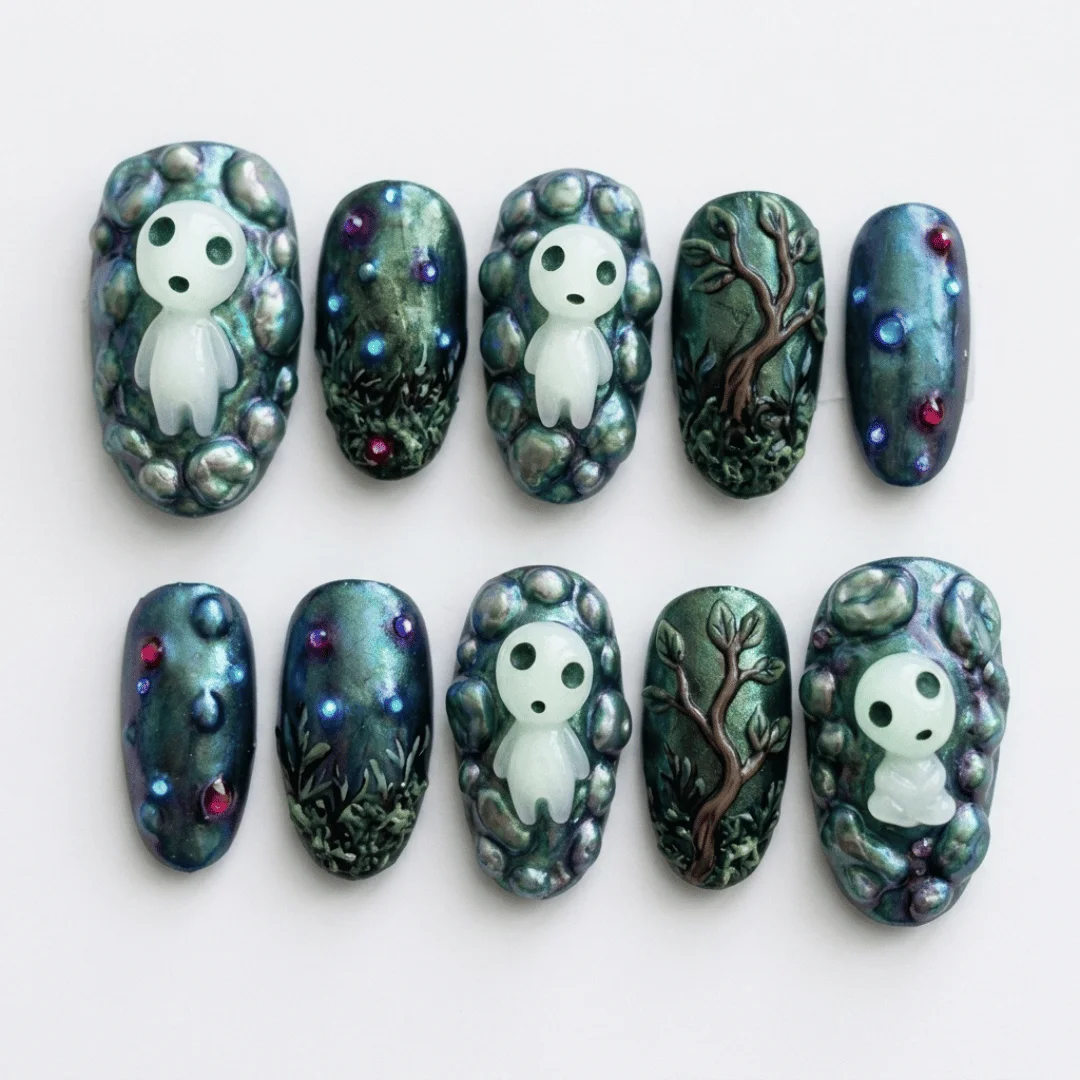 3D Forest Spirit, Kodama Press On, press on nails, custom press on nails, fake nails, Nails Art, stained glass nails, gold press on nails, 3d press on nails, luxury press on nails, handmade press on nails