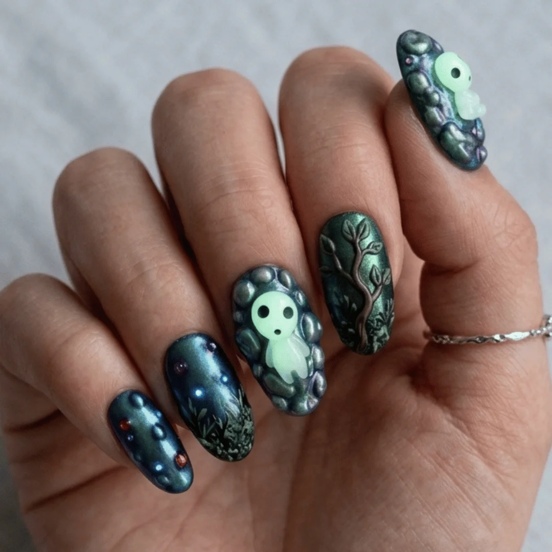 Enchanted Woods, Mythical Art Nails, press on nails, custom press on nails, fake nails, Nails Art, stained glass nails, gold press on nails, 3d press on nails, luxury press on nails, handmade press on nails
