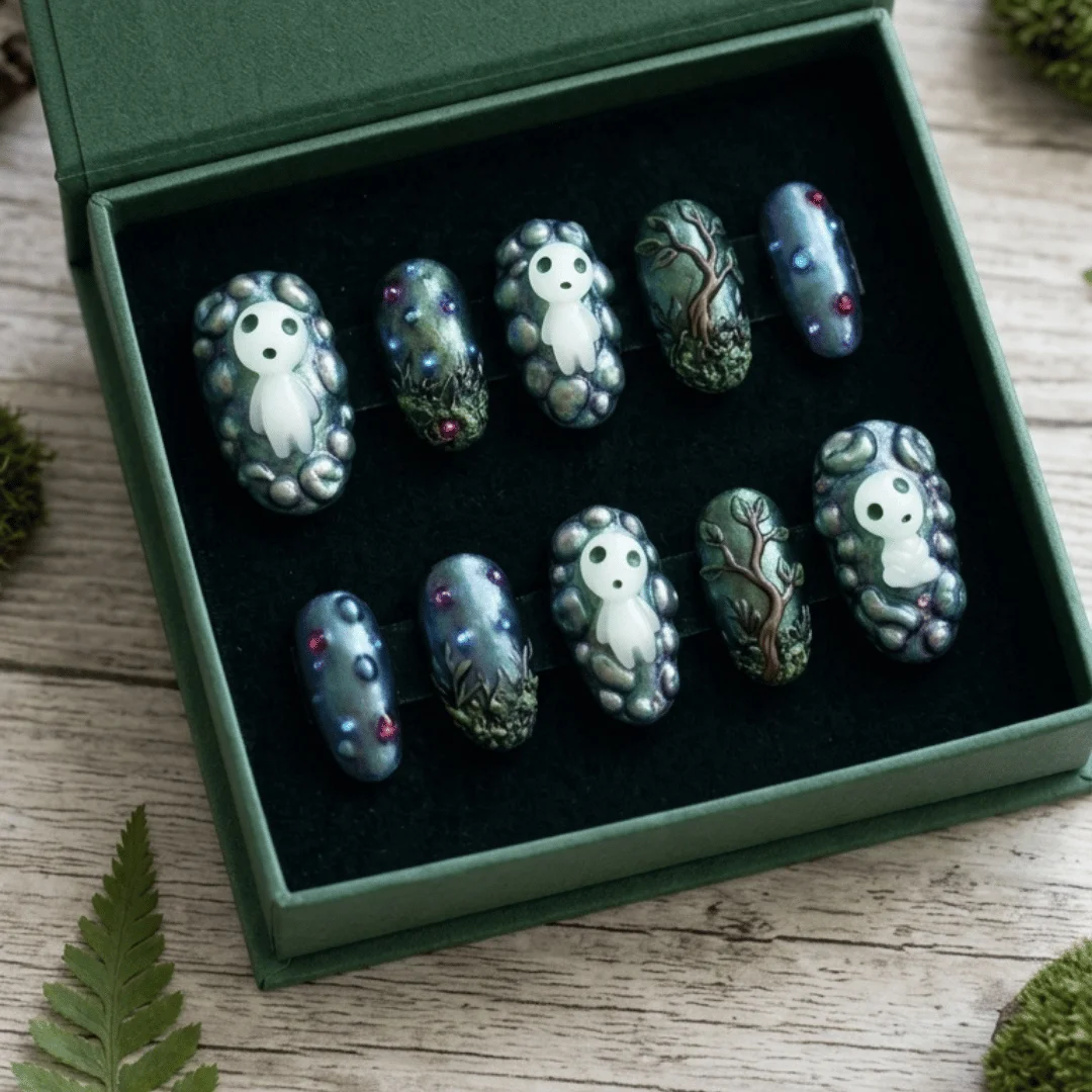 Iridescent Teal Nails, Nature Inspired, press on nails, custom press on nails, fake nails, Nails Art, stained glass nails, gold press on nails, 3d press on nails, luxury press on nails, handmade press on nails