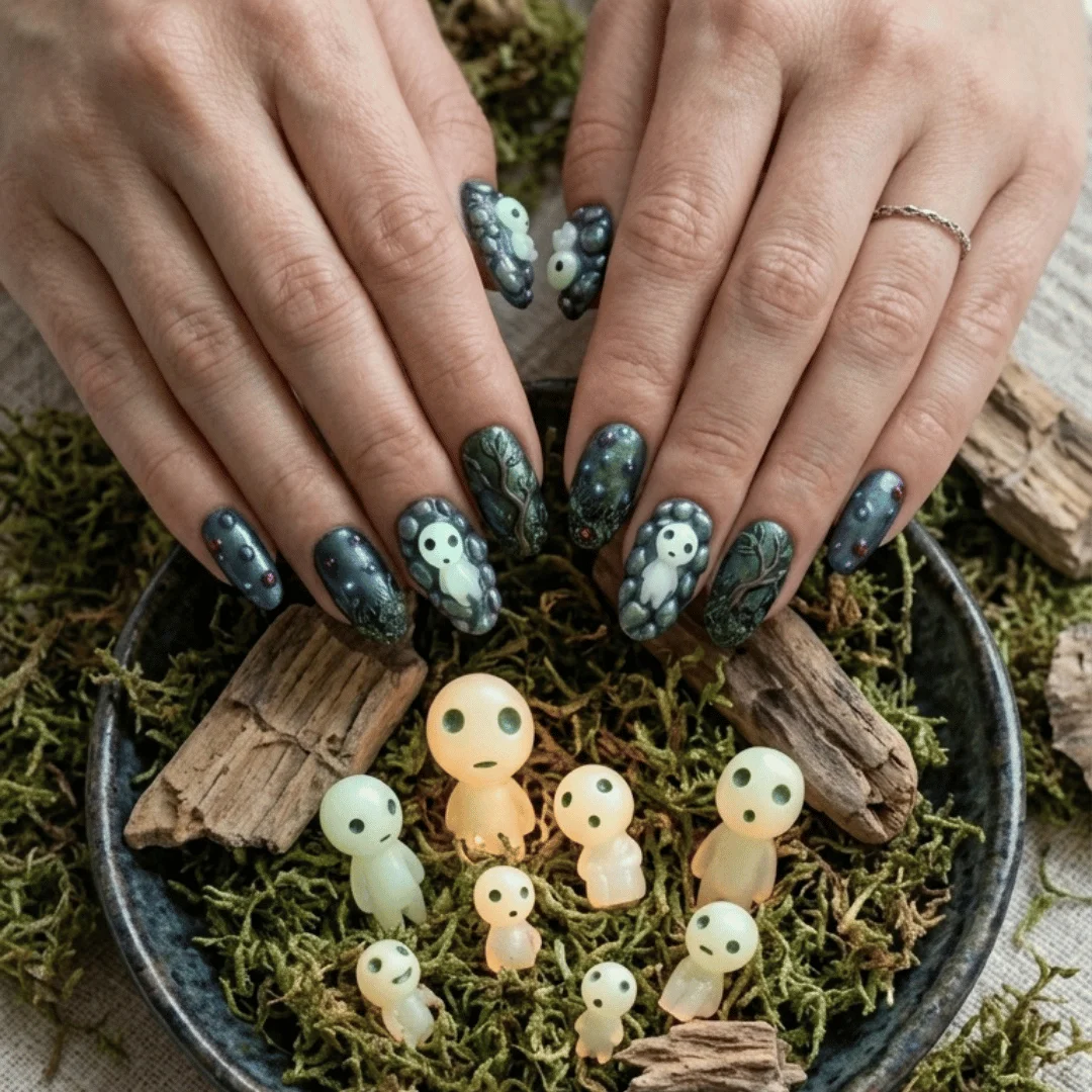Anime Inspired Nails, 3D Forest Spirit, press on nails, custom press on nails, fake nails, Nails Art, stained glass nails, gold press on nails, 3d press on nails, luxury press on nails, handmade press on nails