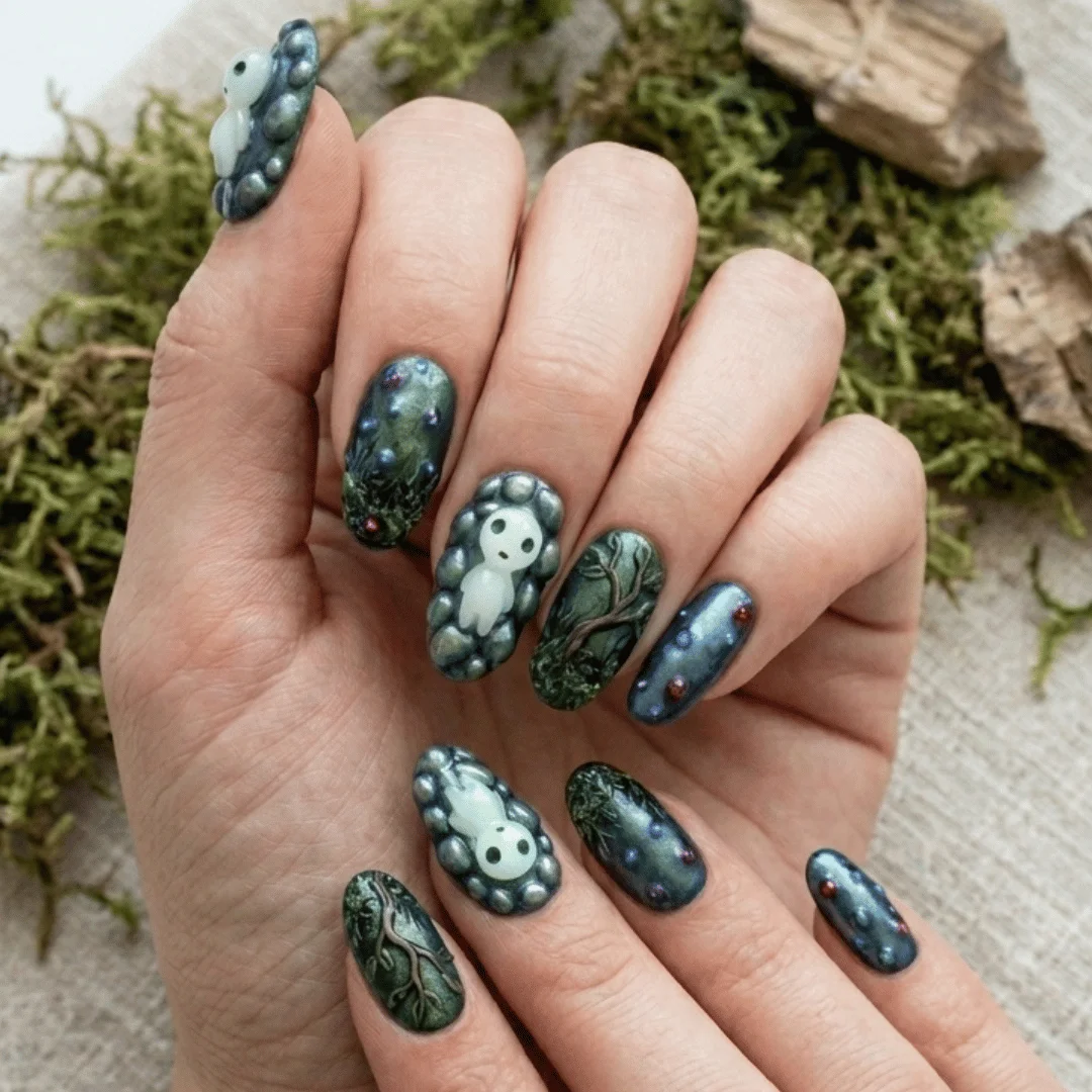 Kodama Press On, Enchanted Woods, press on nails, custom press on nails, fake nails, Nails Art, stained glass nails, gold press on nails, 3d press on nails, luxury press on nails, handmade press on nails