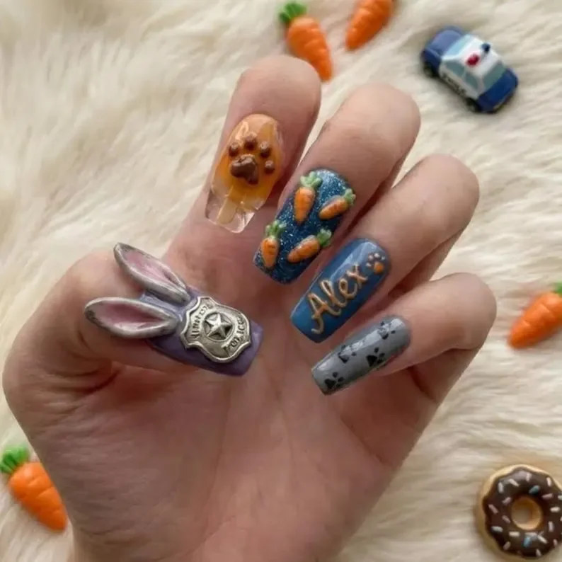 fox bunny nails, paw print design, press on nails, custom press on nails, fake nails, Nails Art, stained glass nails, gold press on nails, 3d press on nails, luxury press on nails, handmade press on nails