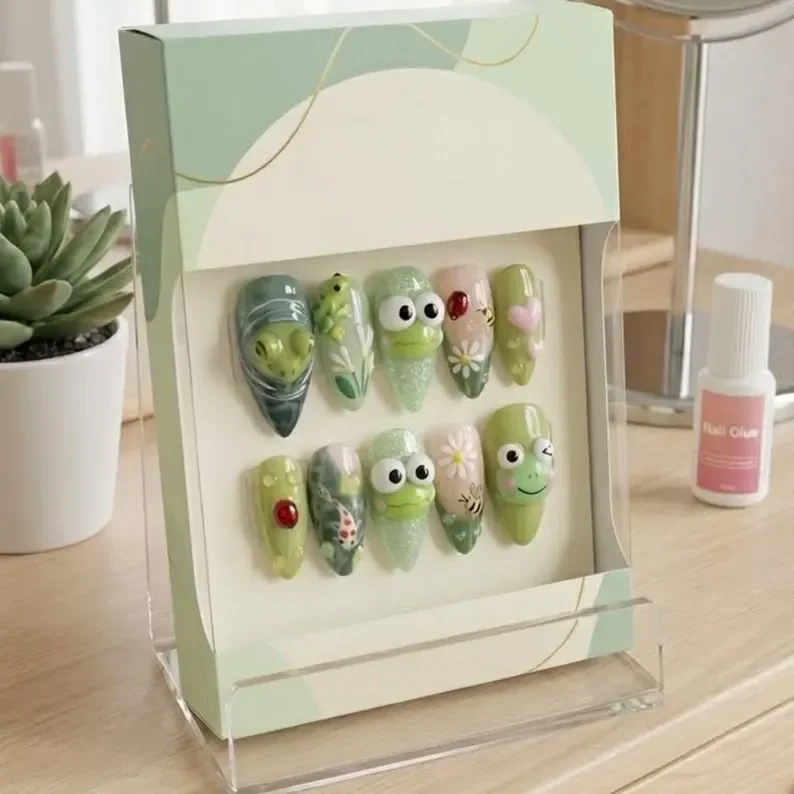 3D frog nails, press-on nails, press on nails, custom press on nails, fake nails, Nails Art, stained glass nails, gold press on nails, 3d press on nails, luxury press on nails, handmade press on nails