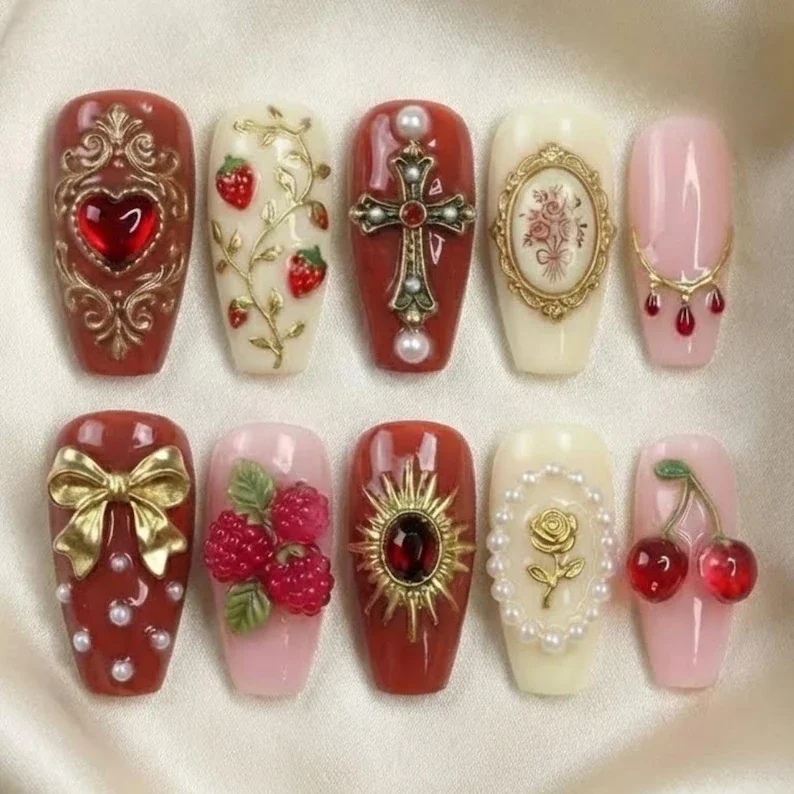 3D fruit nails, religious press on, press on nails, custom press on nails, fake nails, Nails Art, stained glass nails, gold press on nails, 3d press on nails, luxury press on nails, handmade press on nails