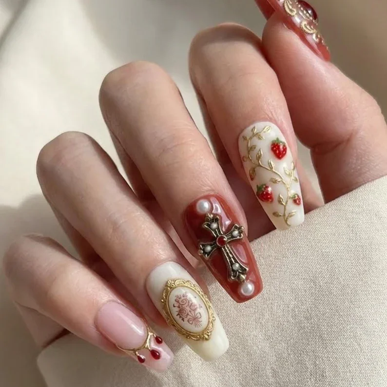 vintage burgundy, coquette nail art, press on nails, custom press on nails, fake nails, Nails Art, stained glass nails, gold press on nails, 3d press on nails, luxury press on nails, handmade press on nails
