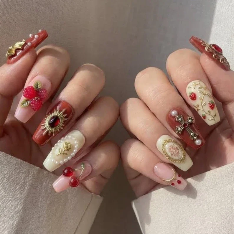 press on nails, red burgundy, custom press on nails, fake nails, Nails Art, stained glass nails, gold press on nails, 3d press on nails, luxury press on nails, handmade press on nails