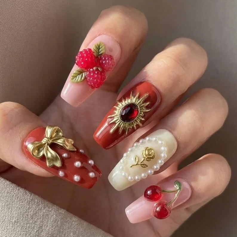 coquette nails, 3D nail design, press on nails, custom press on nails, fake nails, Nails Art, stained glass nails, gold press on nails, 3d press on nails, luxury press on nails, handmade press on nails