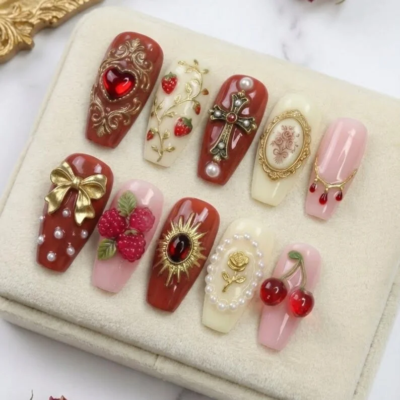 vintage nail art, 3D fruit nails, press on nails, custom press on nails, fake nails, Nails Art, stained glass nails, gold press on nails, 3d press on nails, luxury press on nails, handmade press on nails