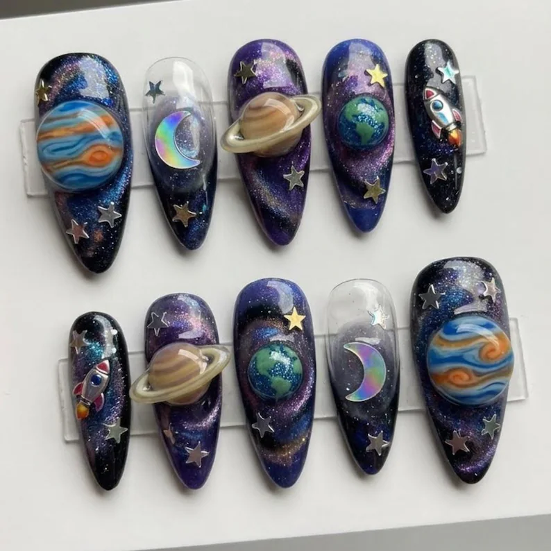 space sci-fi design, press-on nail set, press on nails, custom press on nails, fake nails, Nails Art, stained glass nails, gold press on nails, 3d press on nails, luxury press on nails, handmade press on nails