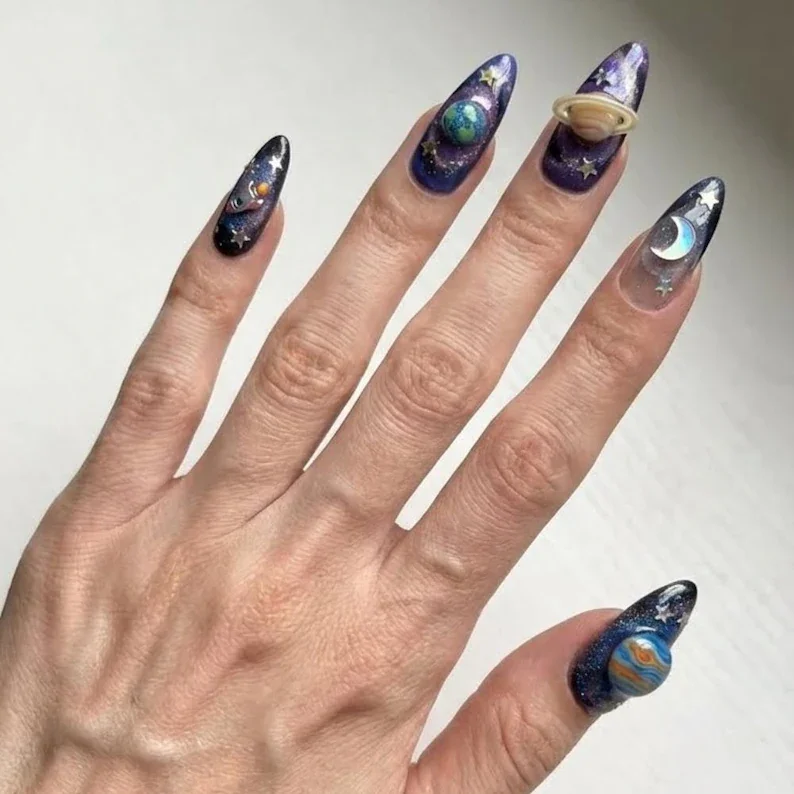 space sci-fi design, press-on nail set, press on nails, custom press on nails, fake nails, Nails Art, stained glass nails, gold press on nails, 3d press on nails, luxury press on nails, handmade press on nails