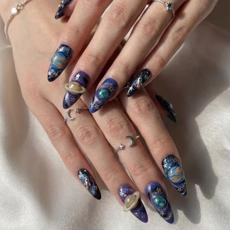 cyber space nails, holographic galaxy, press on nails, custom press on nails, fake nails, Nails Art, stained glass nails, gold press on nails, 3d press on nails, luxury press on nails, handmade press on nails